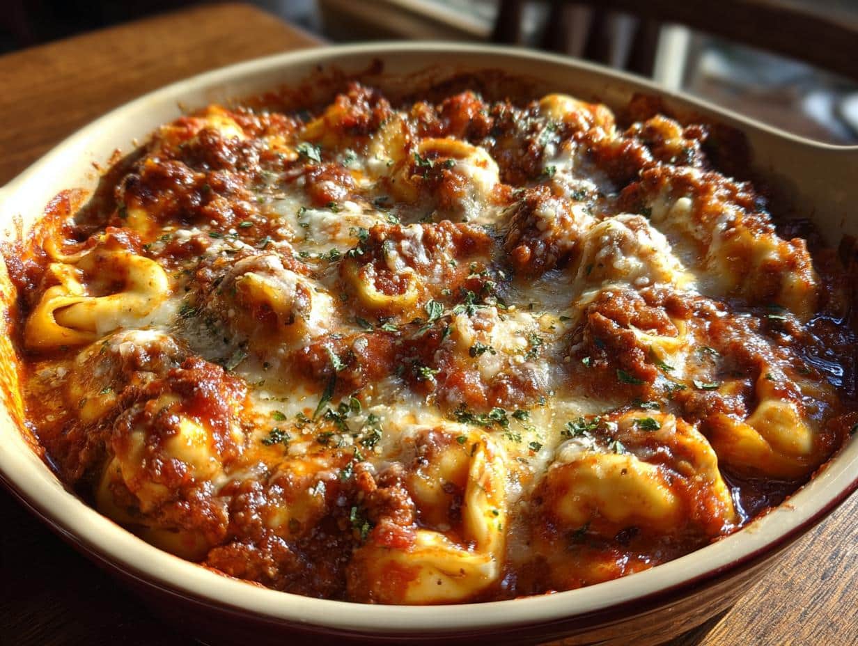 Heavenly Cheesy Baked Tortellini with Meat Sauce (Under 1 Hour)