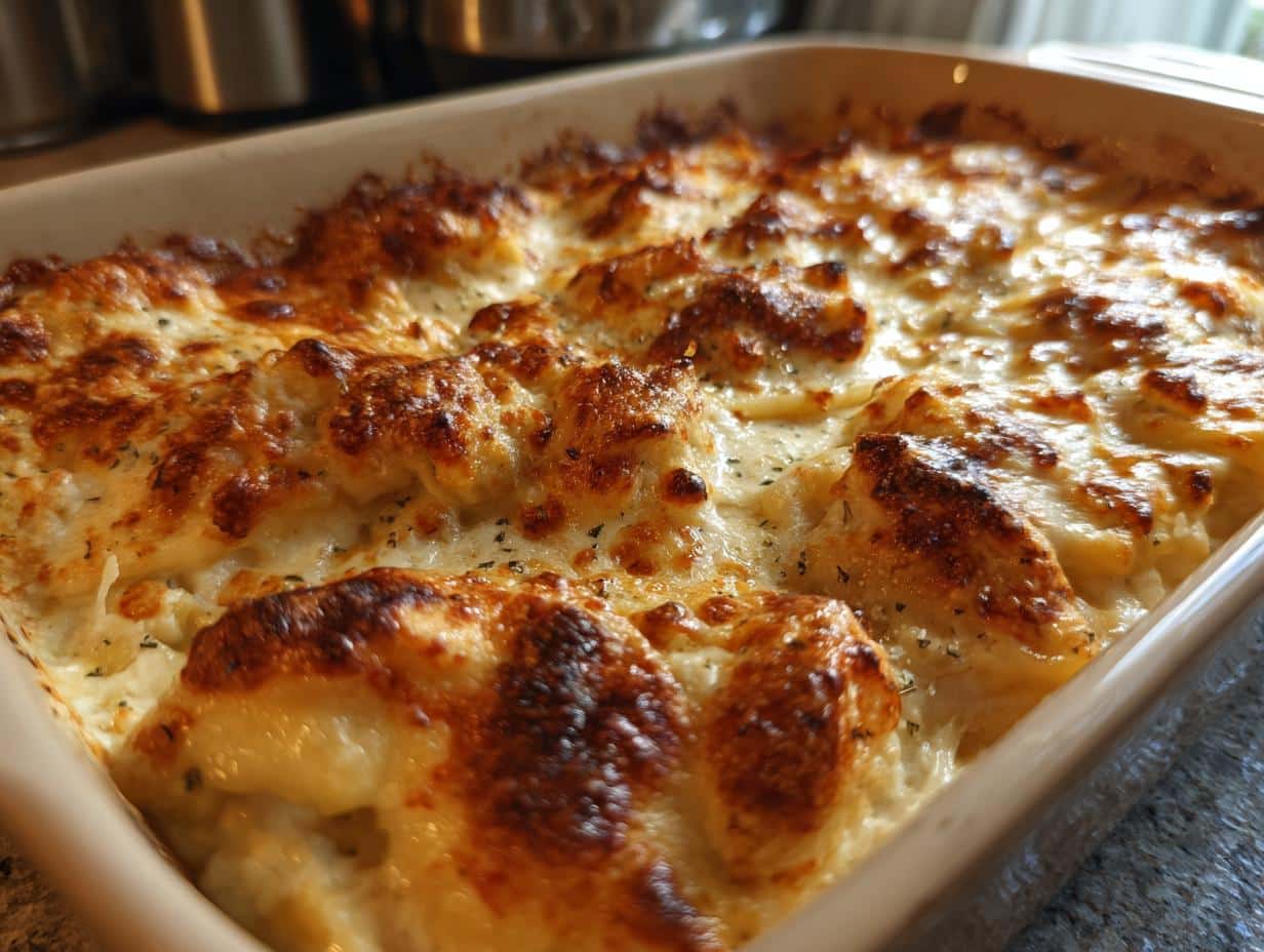 Irresistible 20-Minute Baked Ravioli Alfredo Casserole with Chicken