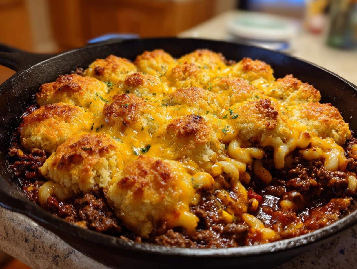 Heartwarming 6-Ingredient Chili Mac and Cornbread Casserole Skillet