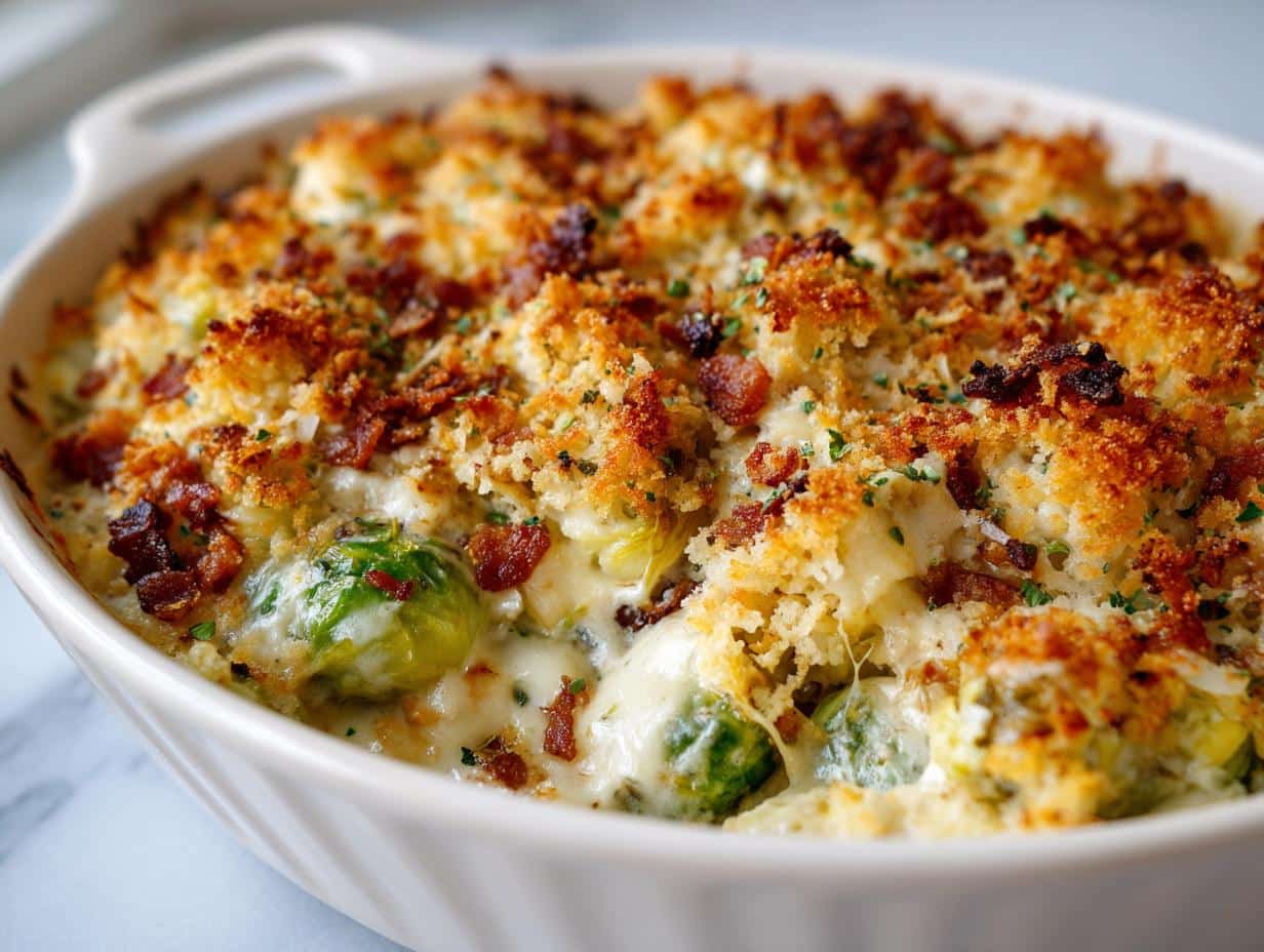 Delicious Creamy Brussels Sprouts and Bacon Gratin Casserole in 5 Steps
