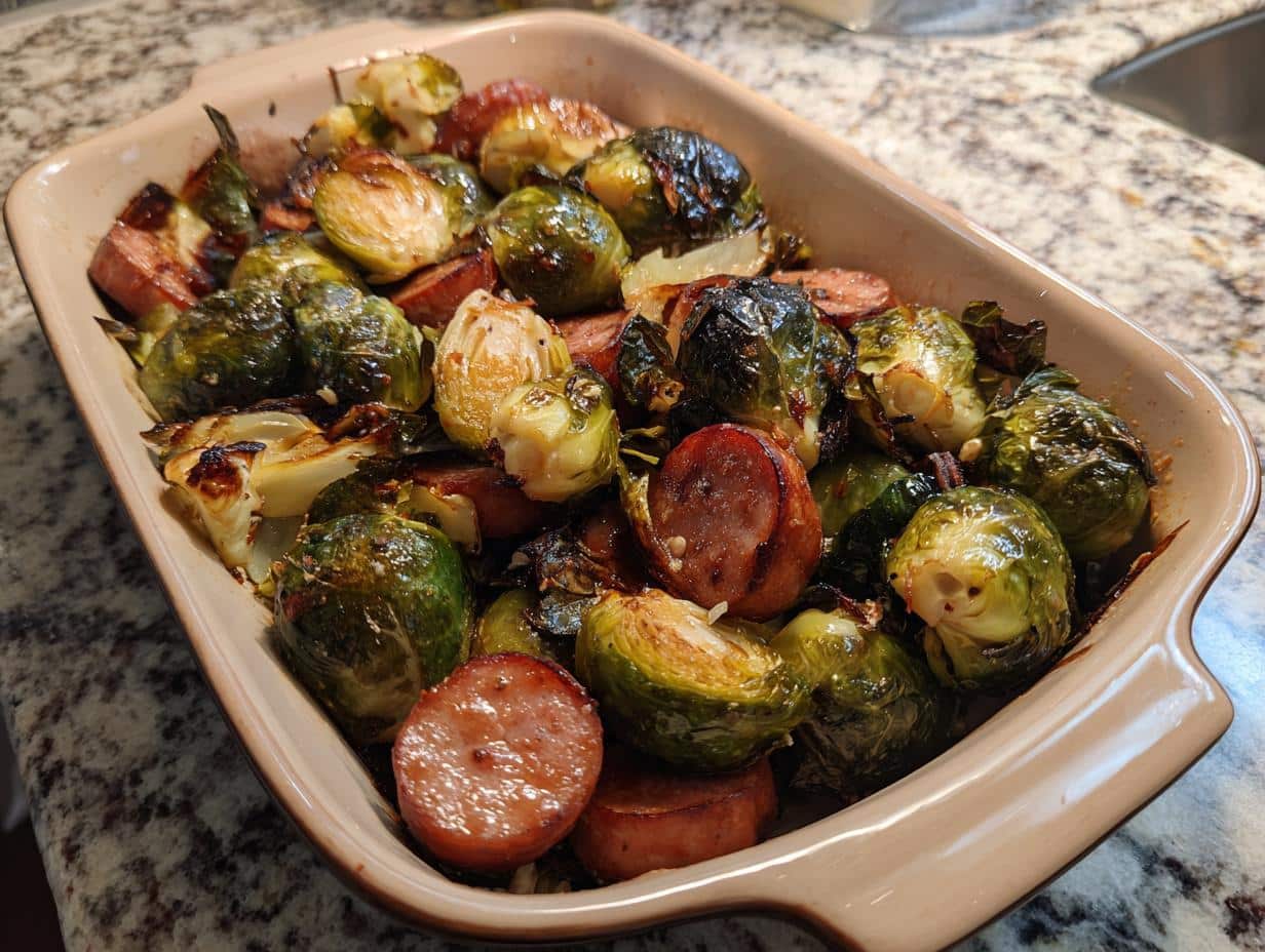 35-Minute Honey Mustard Brussels Sprout and Kielbasa Casserole Perfection