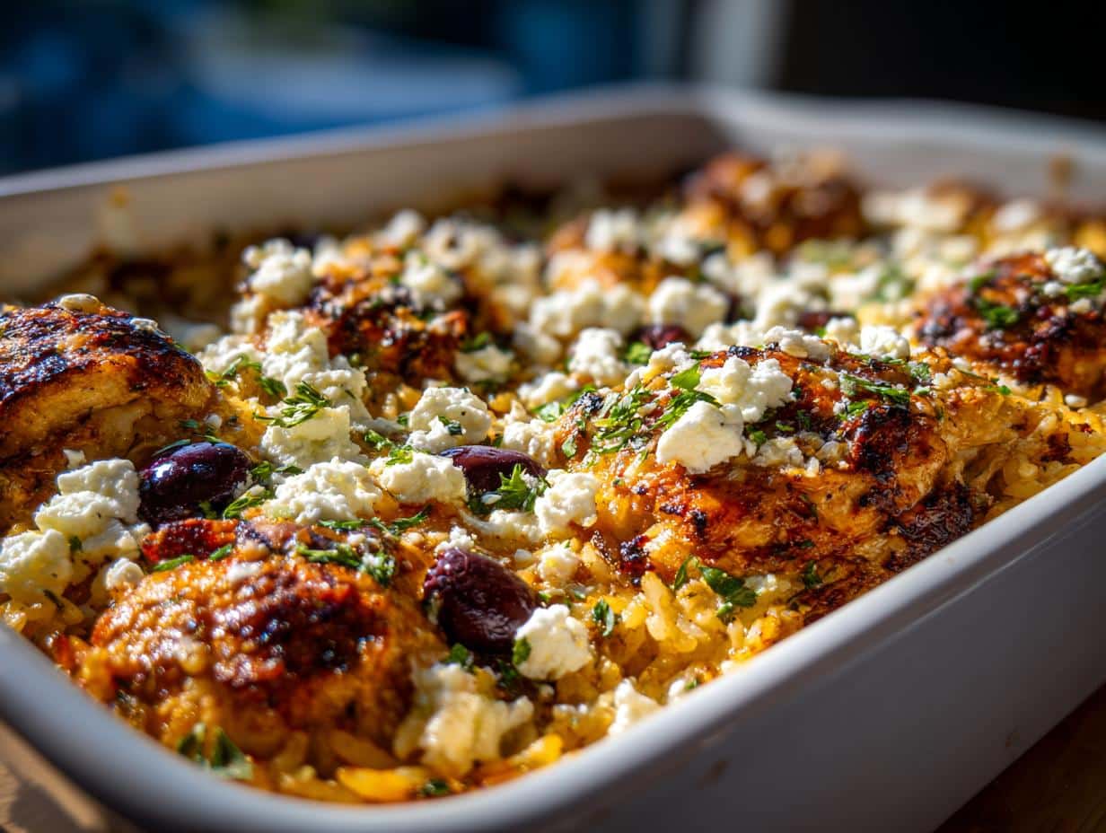 Baked Greek Chicken and Rice Casserole with Feta – Irresistible 1-Pan Magic