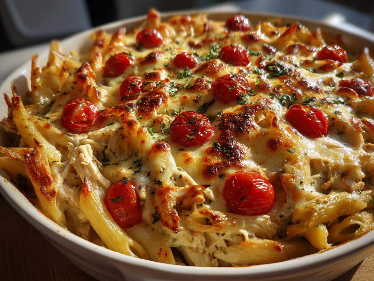 Irresistible 35-Minute Creamy Pesto Chicken and Tomato Pasta Bake