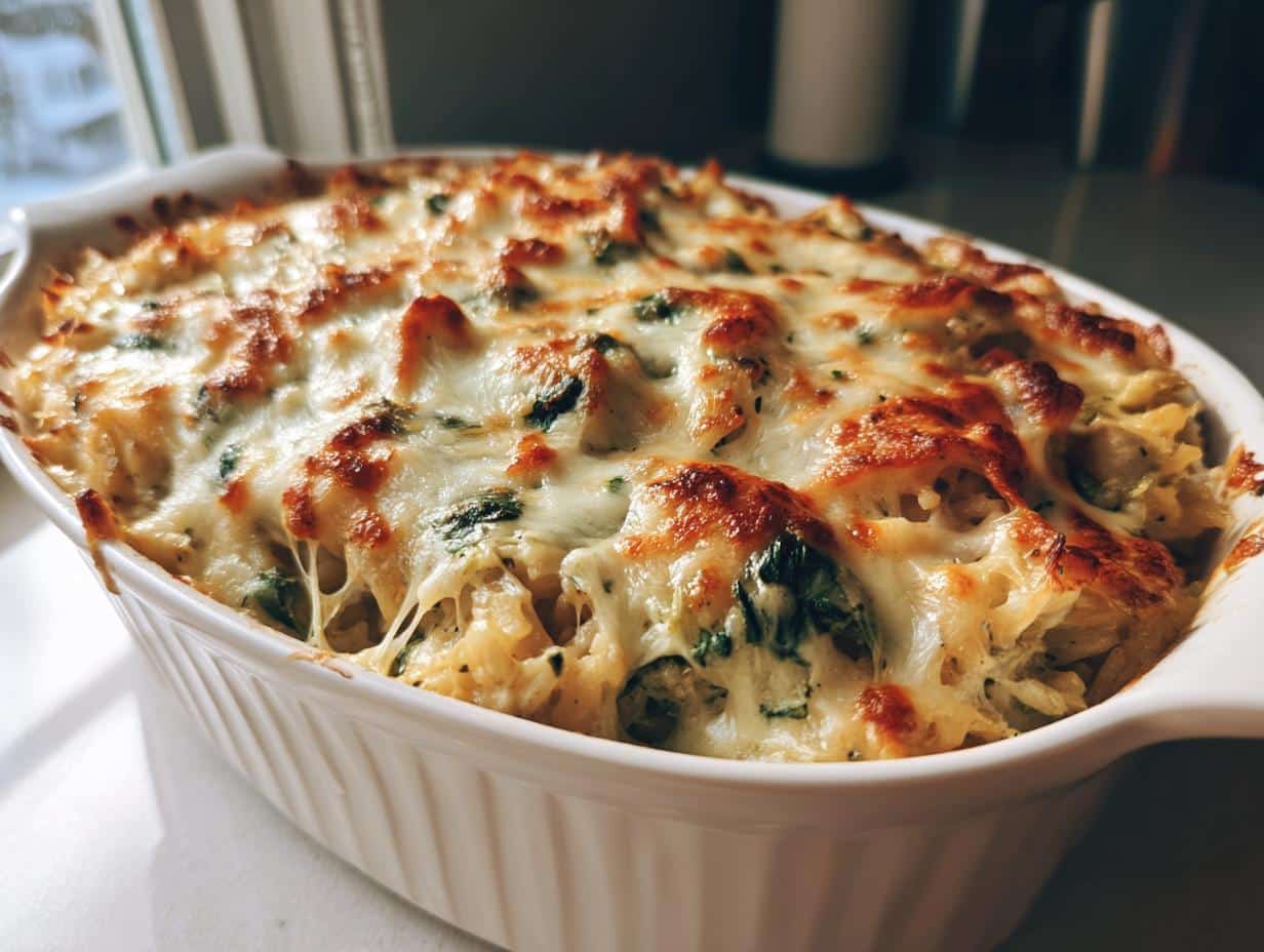 31-Minute Creamy Spinach Artichoke Chicken Rice Casserole Bliss