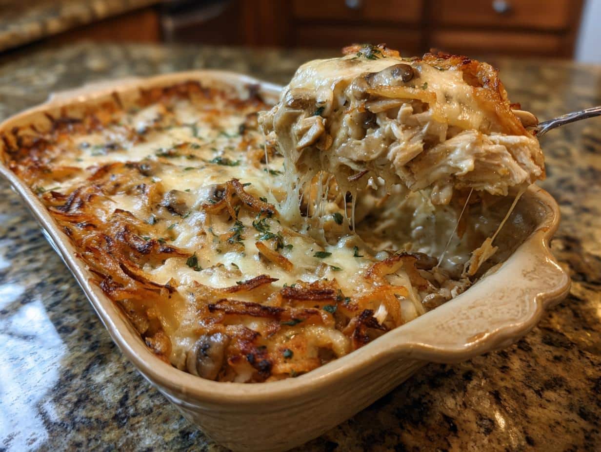 “Crispy Onion Chicken and Mushroom Casserole: 2-Step Comfort Magic”