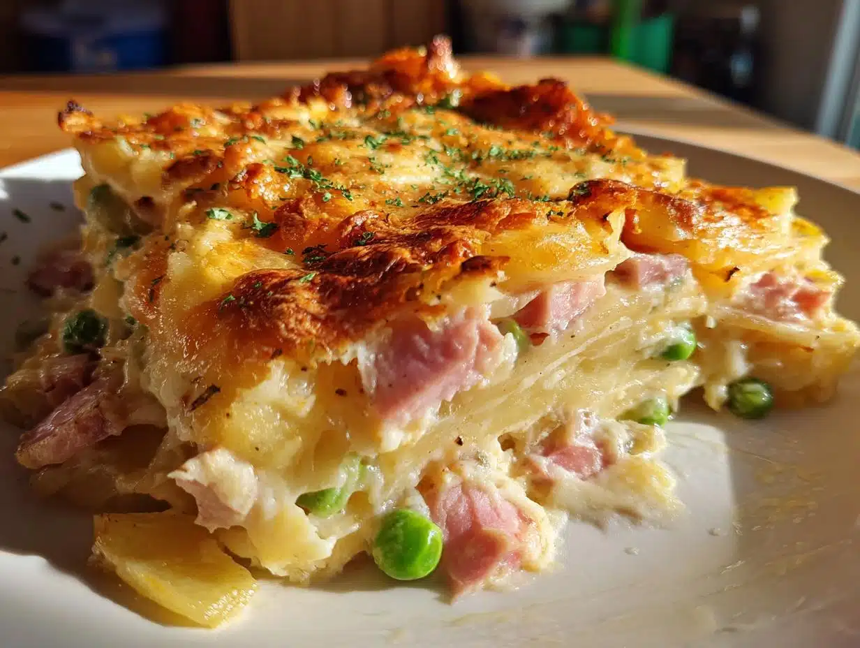 Irresistible 5-Ingredient Ham, Potato and Green Pea Gratin Casserole