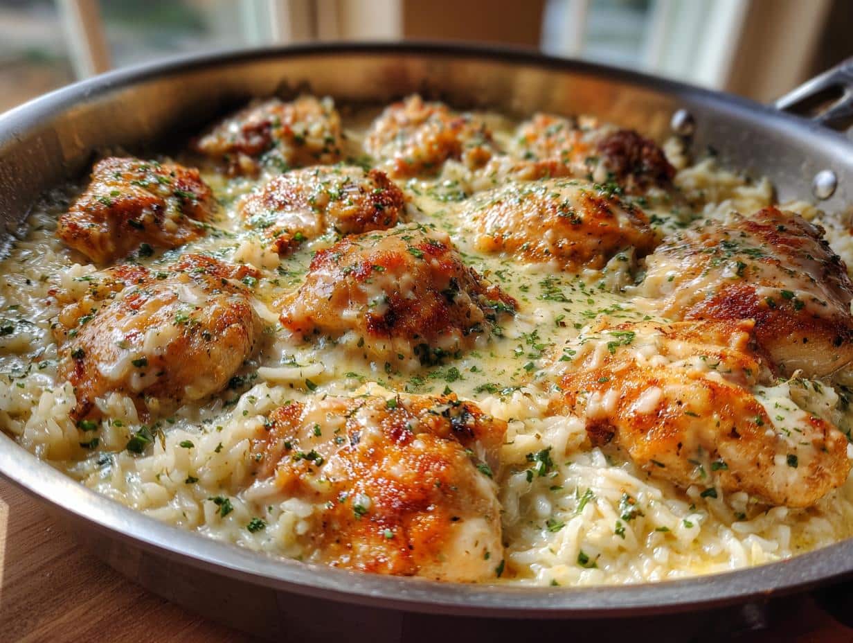 One Pan Creamy Herb Chicken and Rice Bake – 45 Min Dinner Magic
