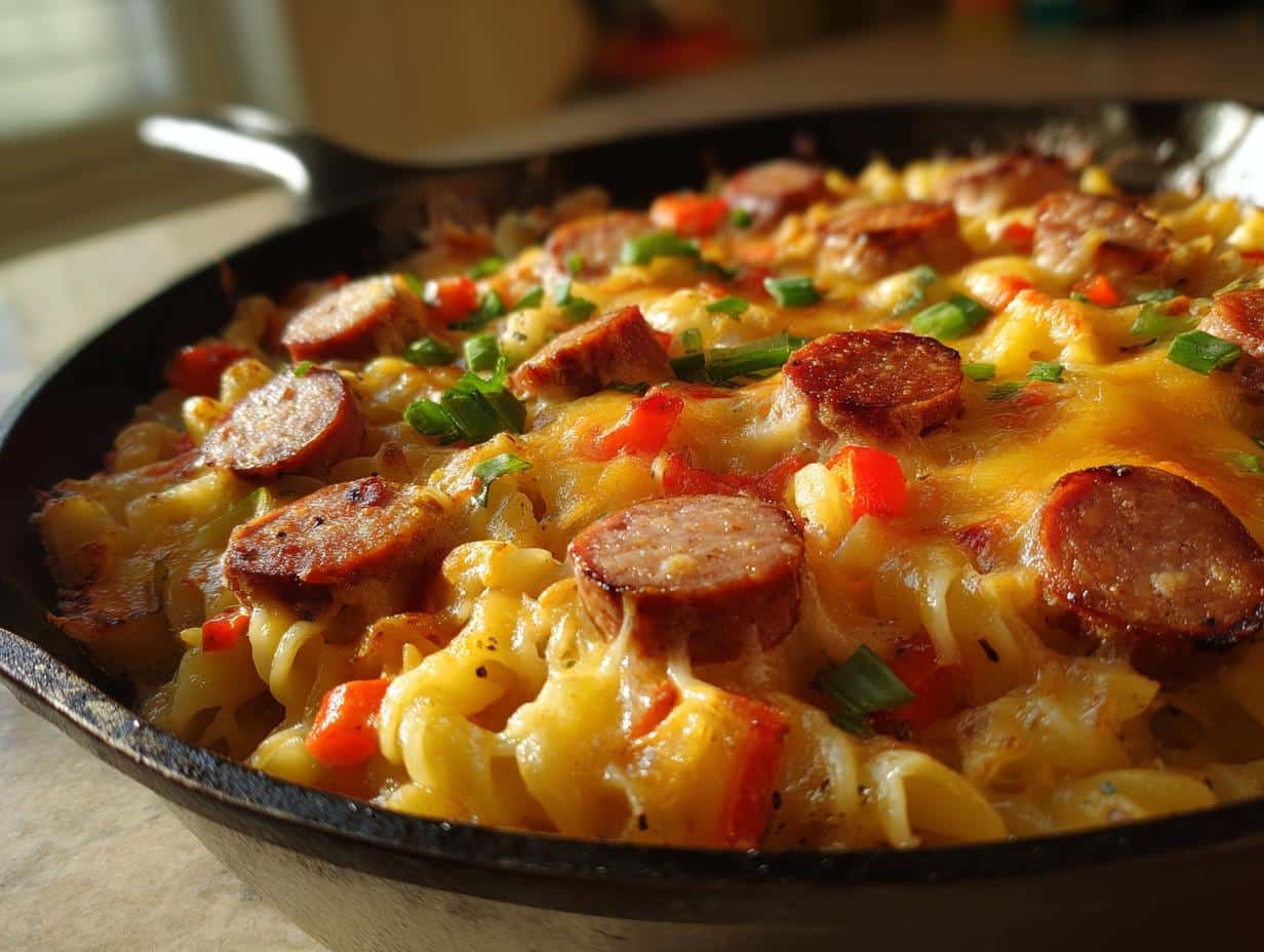 35-Minute Smoked Sausage, Pepper and Pasta Skillet Bake Delight