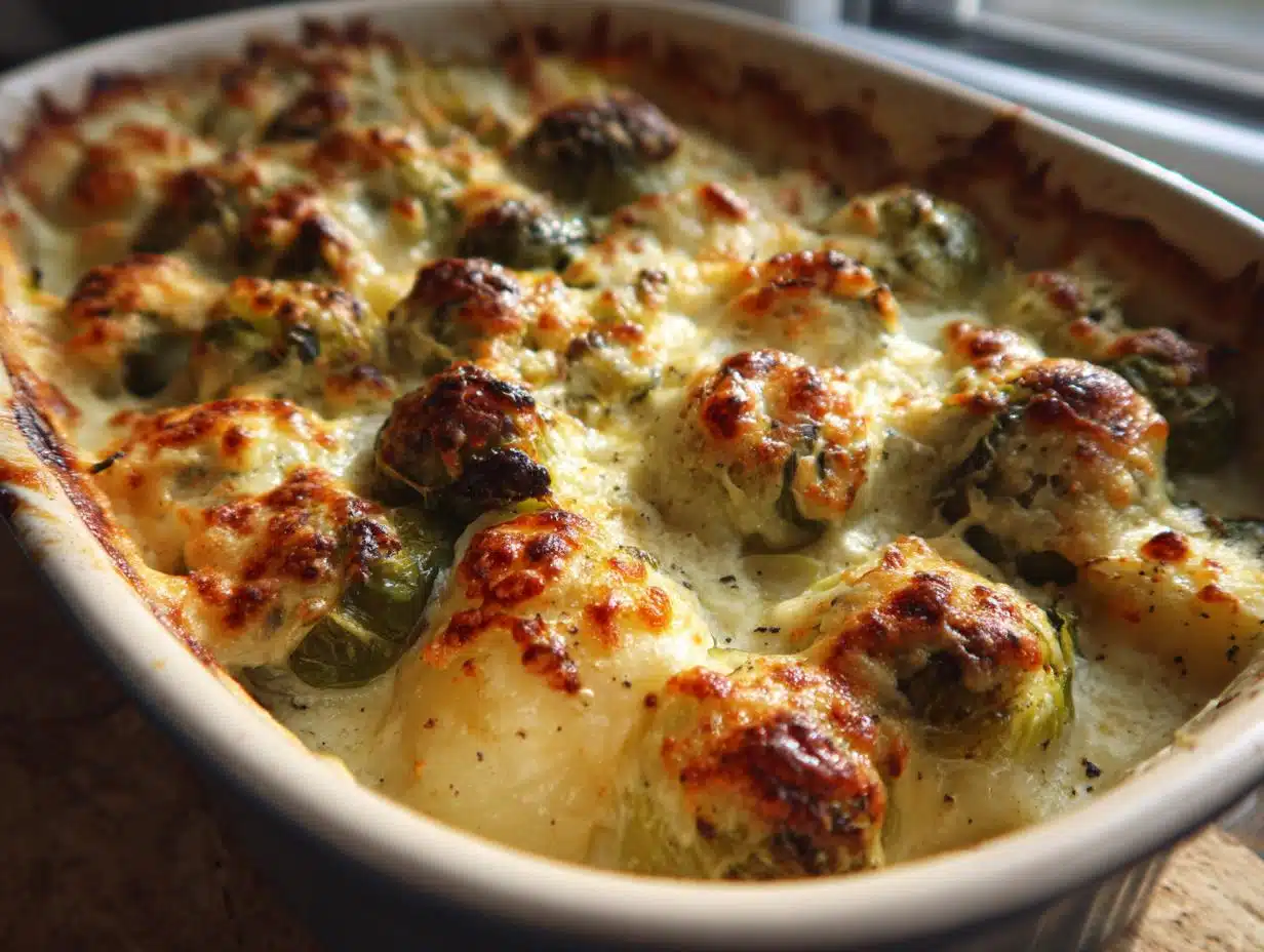 Irresistible Cheesy Brussels Sprout and Potato Bake in 45 Minutes