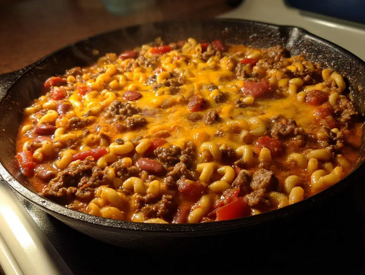30-Minute Dump and Bake Chili Macaroni Skillet Casserole Bliss