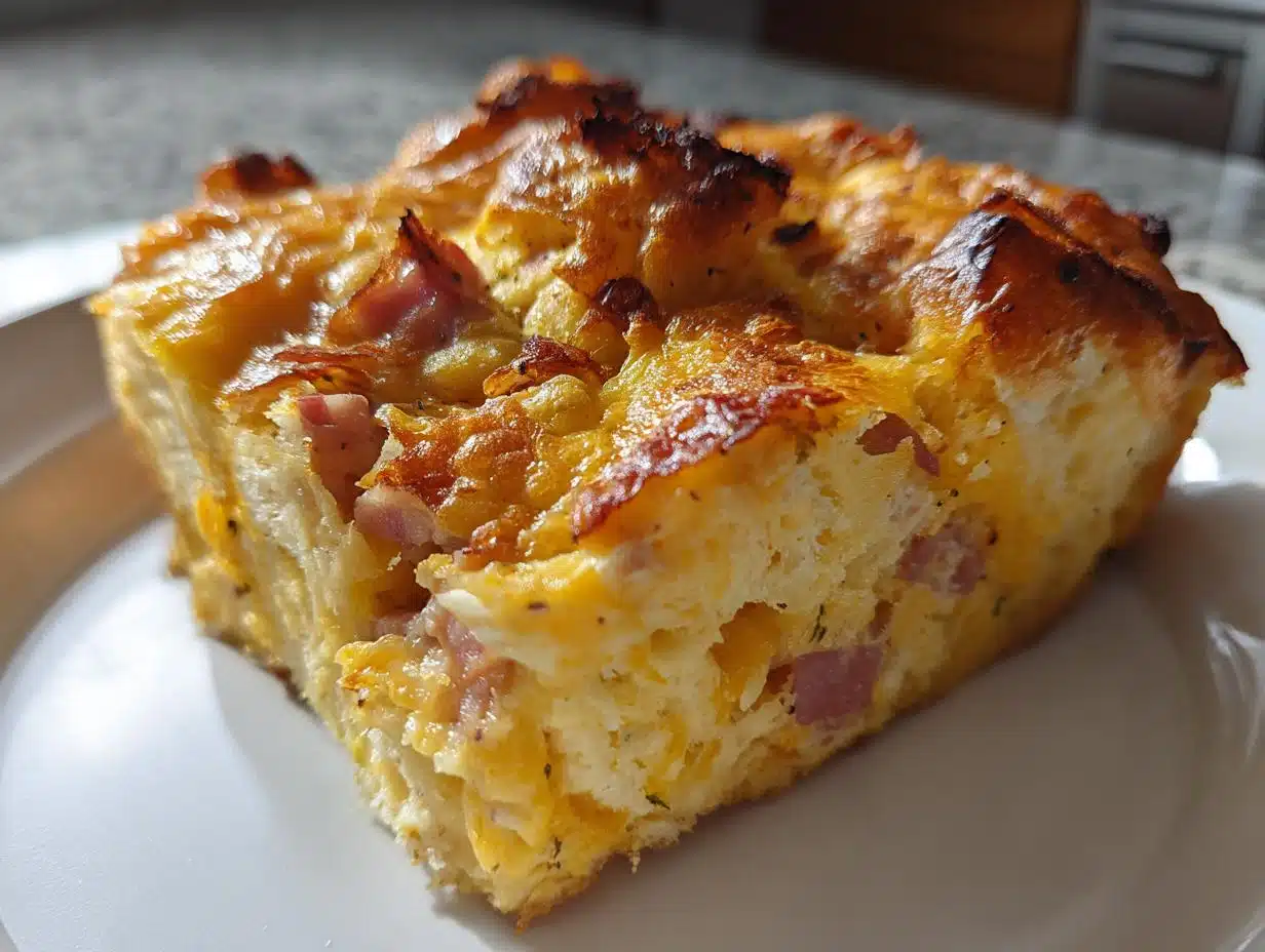 “15-Minute Ham and Cheddar Breakfast Croissant Strata Everyone Craves”