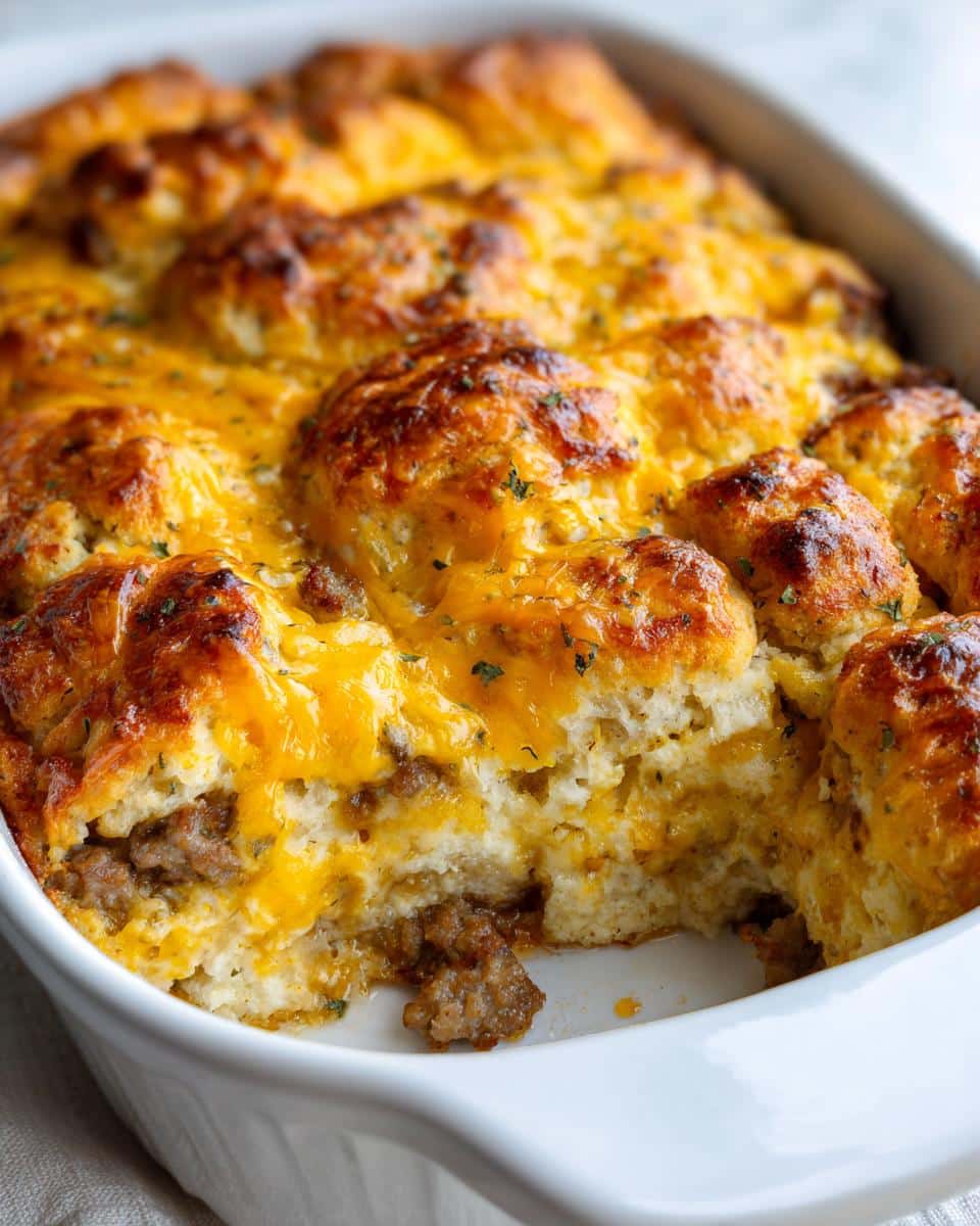 35-Minute Maple Sausage and Cheddar Biscuit Bake Recipe