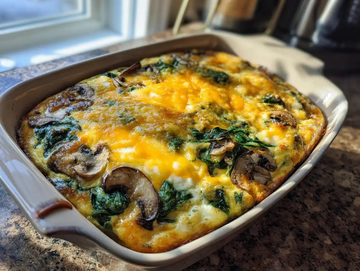 “Amazing 8-Ingredient Spinach Mushroom Egg and Cheese Brunch Bake”