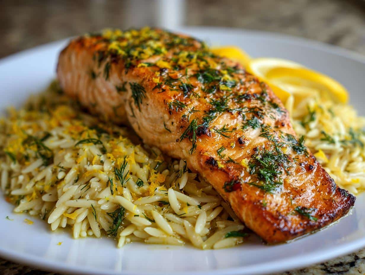 baked salmon and orzo casserole with lemon and dill - detail 1