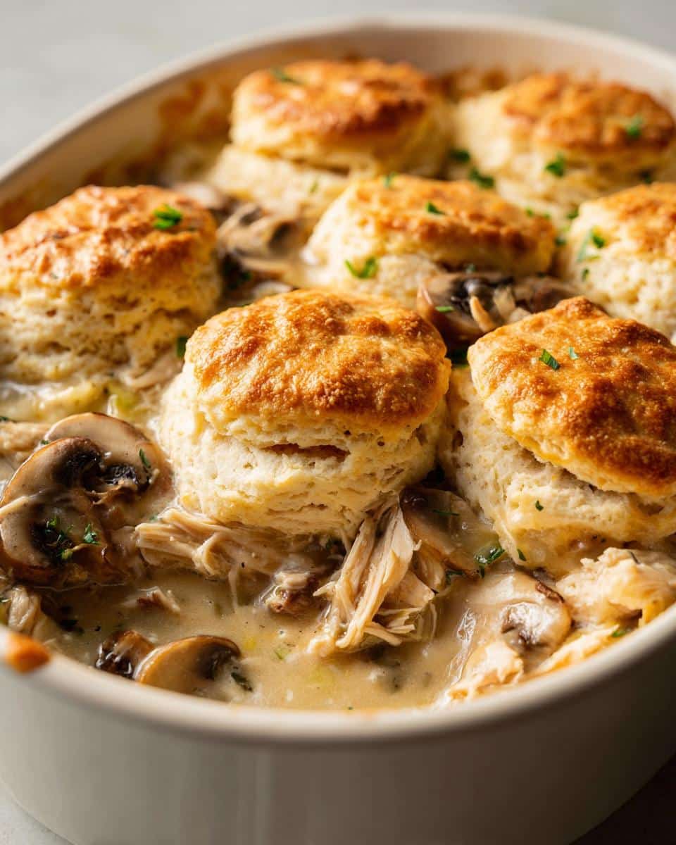“Creamy Chicken and Mushroom Biscuit-Topped Casserole in 35 Minutes”