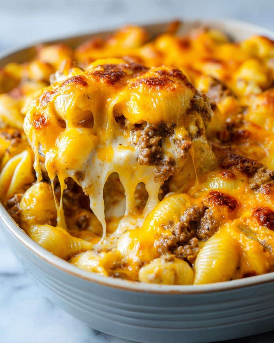 creamy beef cheddar shell pasta casserole - detail 1