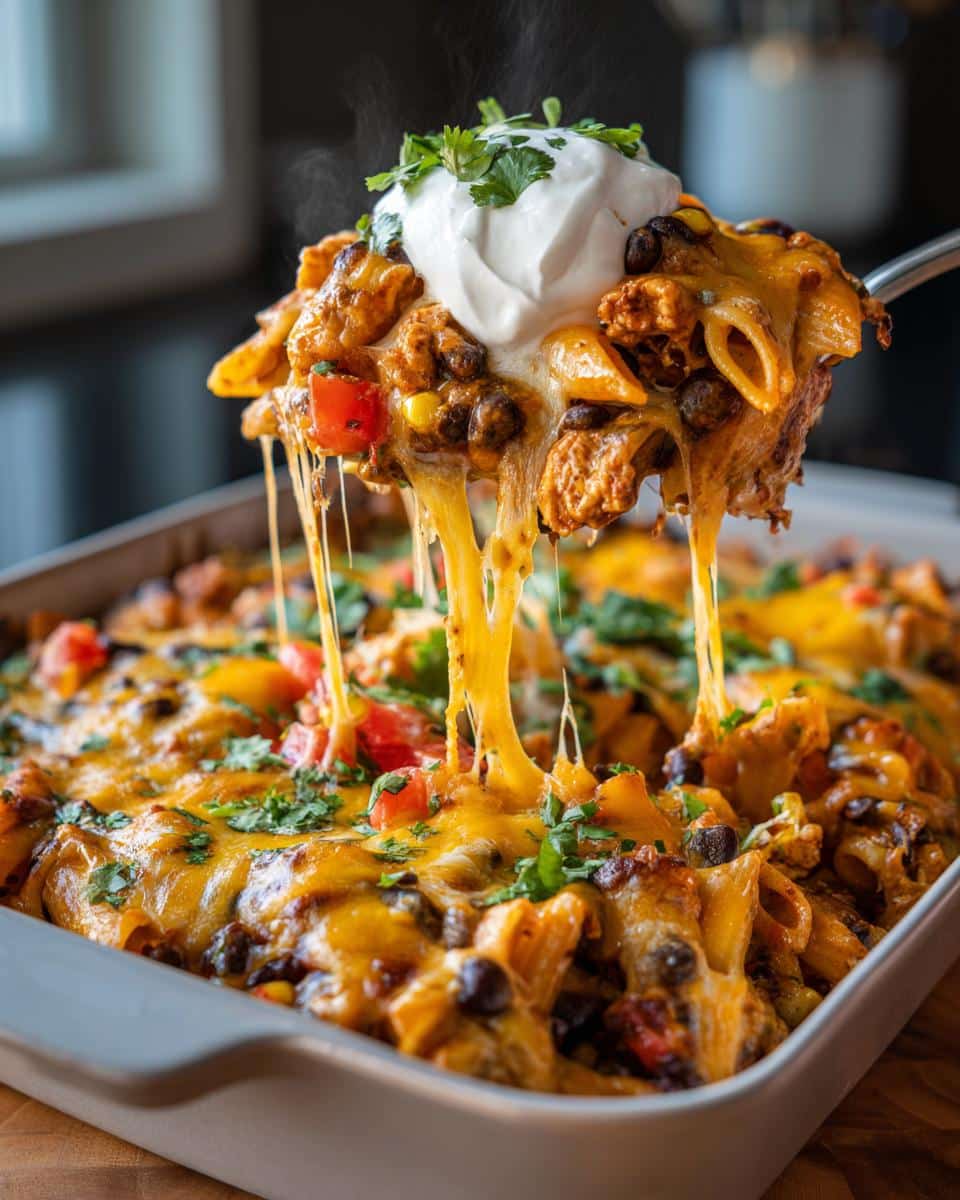 dump and bake cheesy chicken taco pasta - detail 1