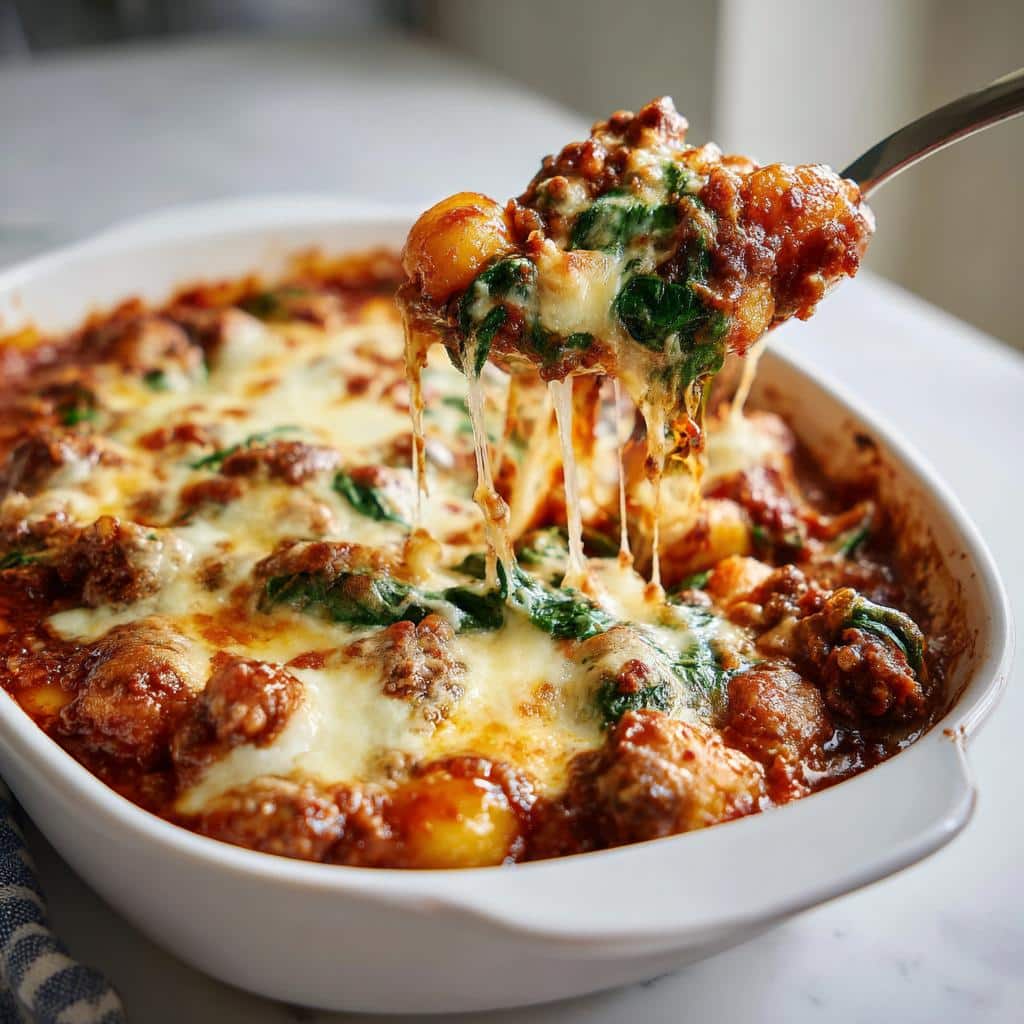 dump and bake sausage spinach gnocchi casserole - detail 1