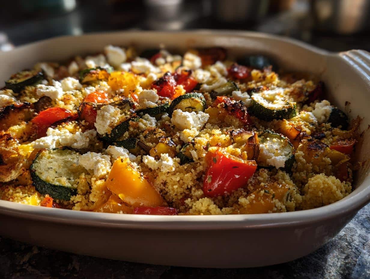 45-Minute Roasted Vegetable Couscous Casserole with Feta – Irresistible!