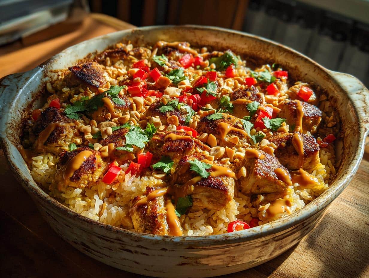 Irresistible High Protein Chicken Satay Coconut Rice Casserole