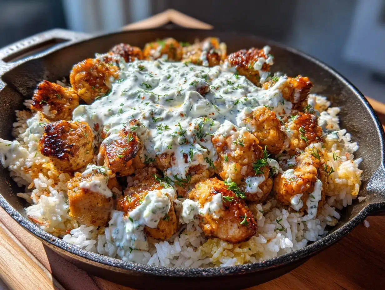 35g Protein Chicken Souvlaki Tzatziki Rice Skillet – So Good!