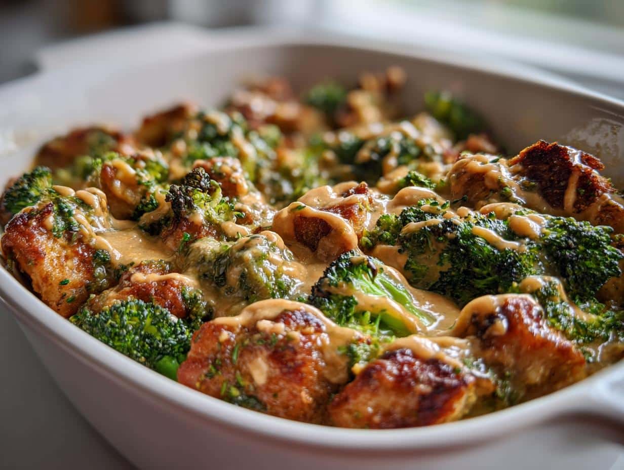 35g Protein Chicken Tahini Broccoli Bake – Easy Weeknight Magic