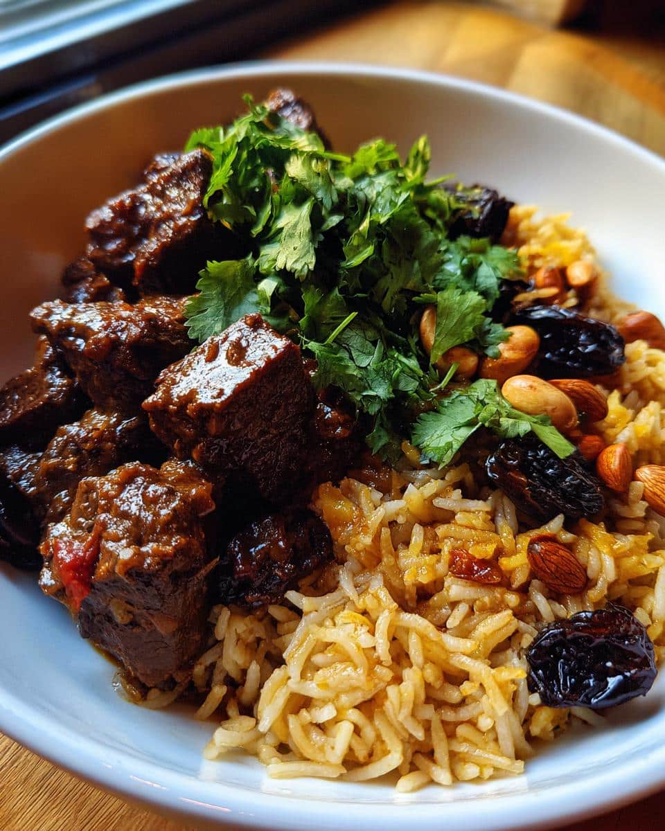 Moroccan lamb tagine prune almond rice skillet - detail 1