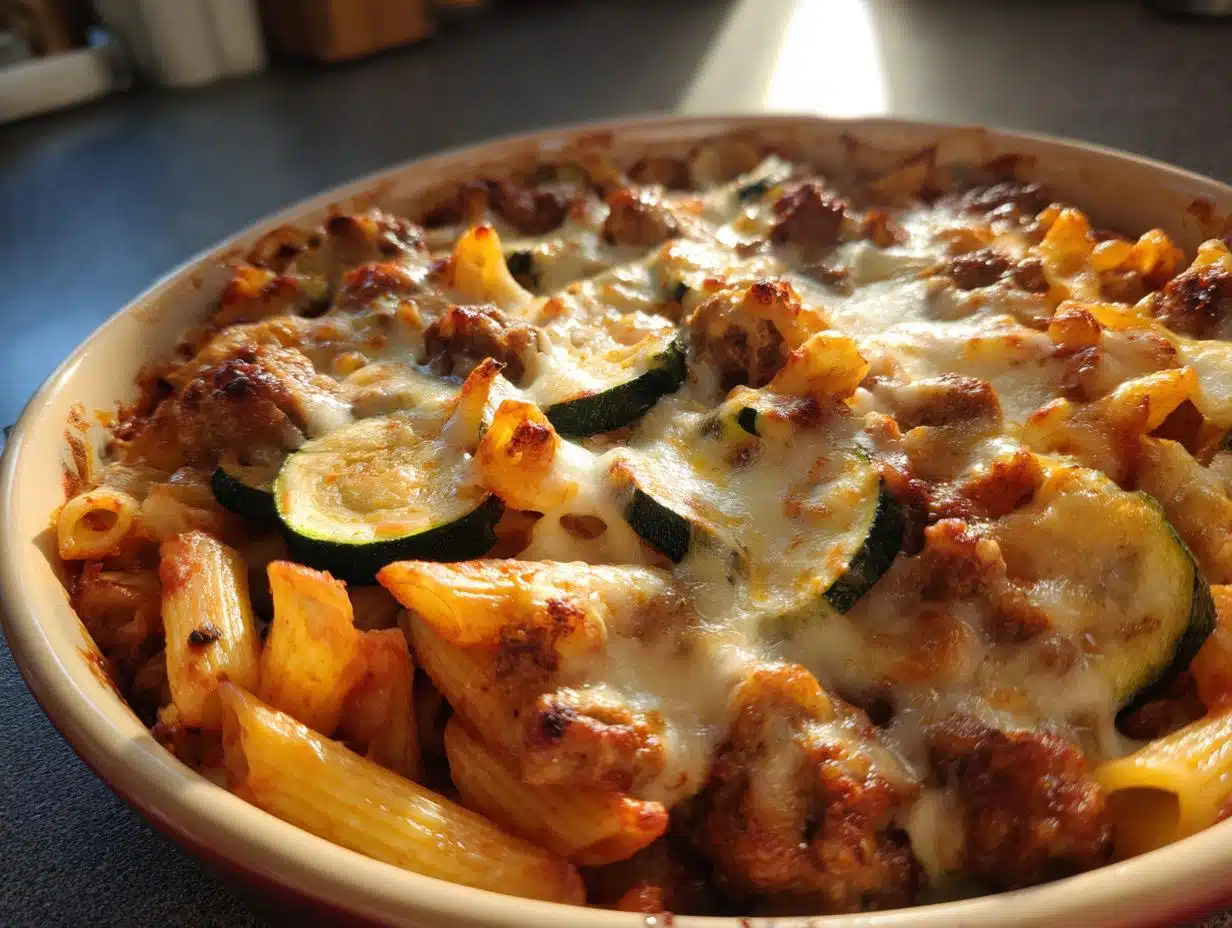 1-Pan Baked-Penne-Sausage-Zucchini-Feta Your Family Will Crave